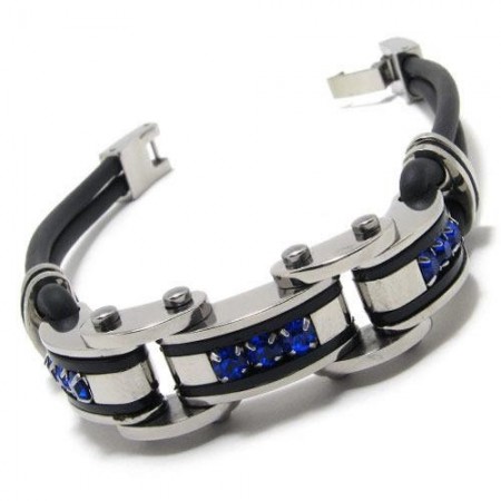 Men's Blue Black Silver Pure Titanium Rubber Bracelet 15342