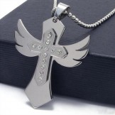 Mens Silver Pure Titanium Cross Necklace Wing Pendant