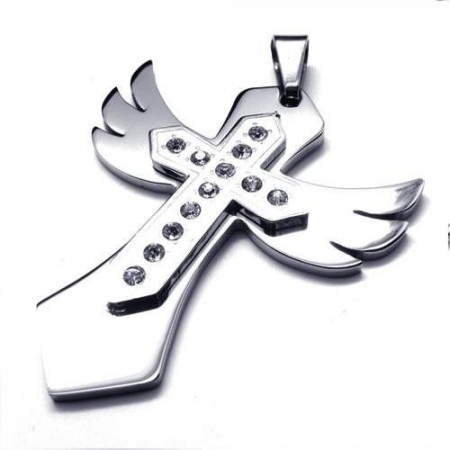 Mens Silver Pure Titanium Cross Necklace Wing Pendant 10496