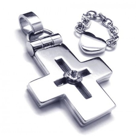 Openable Titanium Cross Pendant with Heart - Free Chian