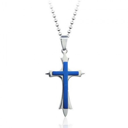 Stylish Mens Blue Titanium Cross Pendant - Free Chain