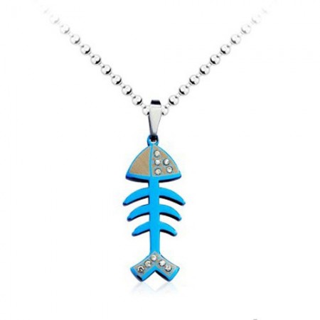 Cute Blue Fish Bone Titanium Pendant - Free Chain