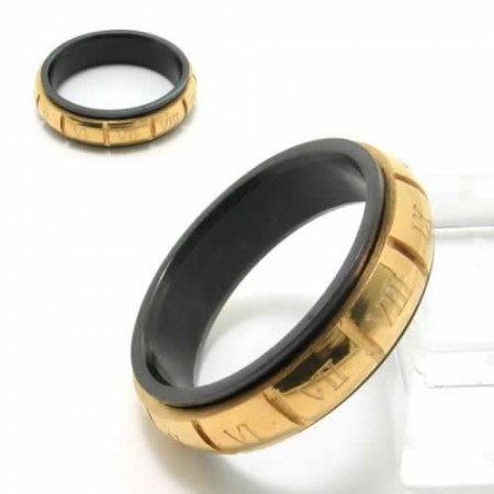 Roman Numerals 6mm Black Titanium & Gold Court Band Ring