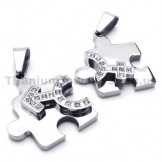 Jigsaw Puzzle Titanium Lovers Pendants with Diamonds-Free Chains 18141