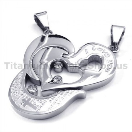Sweetheart and Cross Titanium Lovers Pendants with Diamonds-Free Chains 19107