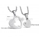 Titanium Silver Sweetheart Lovers Pendants with Rhinestone and Free Chains C600