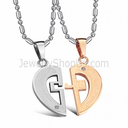 Titanium Rose Gold and Silver Sweetheart Lovers Pendants with Rhinestones and Free Chains C641