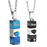 Titanium Cuboid and Sweetheart Lovers Pendants with Rhinestones and Free Chains C482