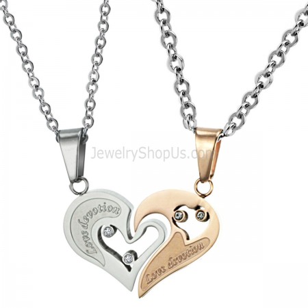 Titanium Rose Gold and Silver Sweetheart Lovers Pendants with Rhinestones and Free Chains C537