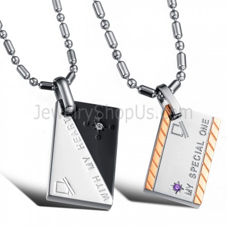 Titanium Rose Gold Letter and Free Chains Rectangle Lovers Pendants wiht Rhinestones and Free Chainse C726