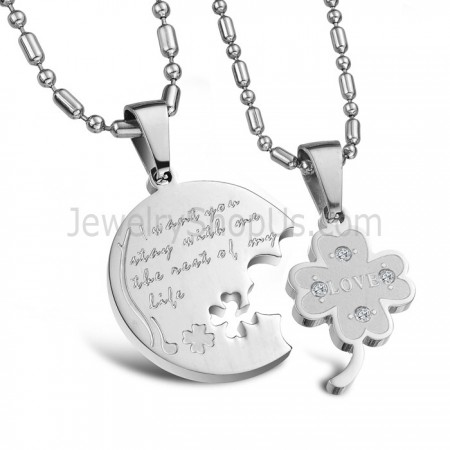 Titanium Silver Clover Lovers Pendants with Rhinestones and Free Chains C599