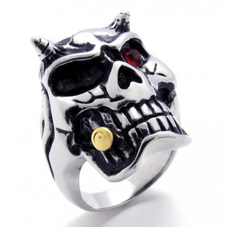 Skull With Red Diamond Titanium Ring 20945