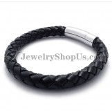 Fashion Black Leather and Titanium Bracelet