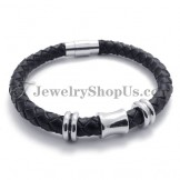 Elegant Black Leather Titanium Bracelet