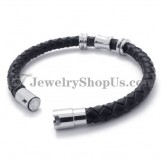 Elegant Black Leather Titanium Bracelet