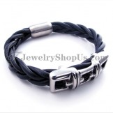 Elegant Black Titanium Leather Bracelet