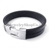 Elegant Black Leather Bracelet with Titanium
