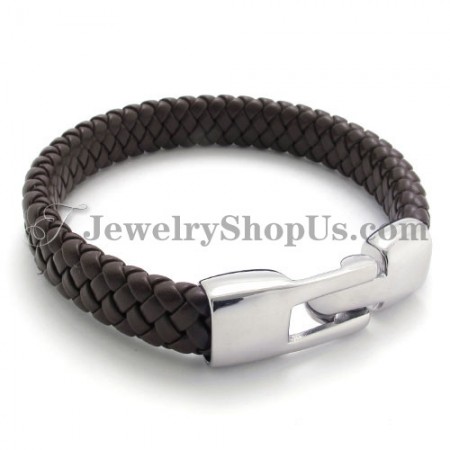 Elegant Brown Titanium and Leather Bracelet