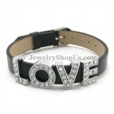 Words "Love" Leather Bracelet with Rhinestones