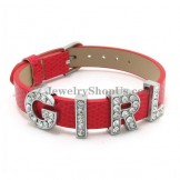 Words "Girl" Leather Bracelet with Rhinestones