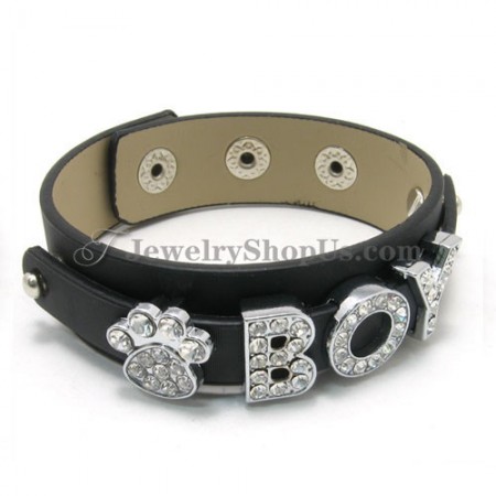 Words "Boy" Leather Bracelet with Rhinestones