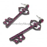 Fashion Key Shape Alloy Earrings with Pink Rhinestones