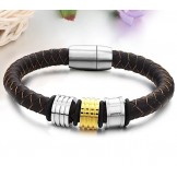 Quality and Quantity Assured Male Brown Titanium Leather Bangle 