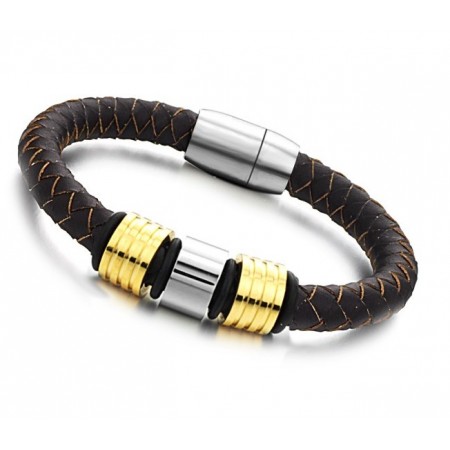 Excellent Quality Male Brown Titanium Leather Bangle 