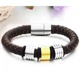 Easy to Use Male Brown Titanium Leather Bangle 