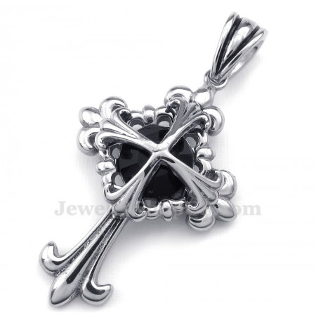Black Zircon Titanium Flower Cross Pendant Necklace (Free Chain)