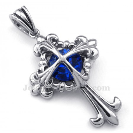 Blue Zircon Titanium Flower Cross Pendant Necklace (Free Chain)