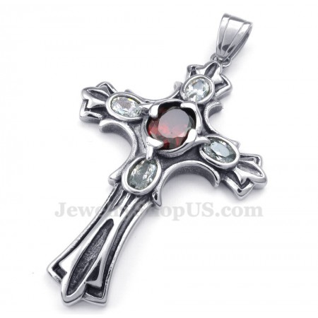 Red Zircon Titanium Cross Pendant Necklace (Free Chain)