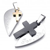 Titanium Double Cross Hearts Shaped Couples Pendant Necklace (Free Chain)(One Pair)
