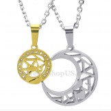 Titanium Gold Moon And Stars Couples Pendant Necklace (Free Chain)(One Pair)
