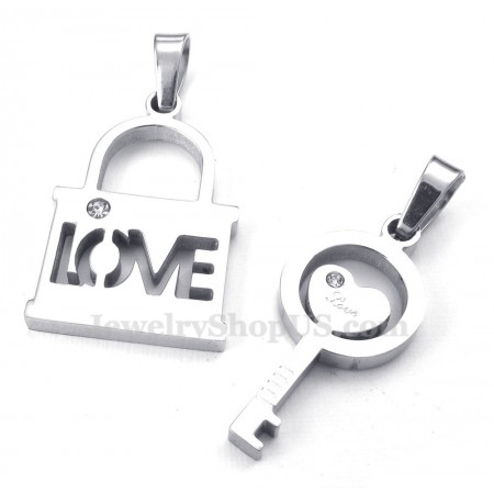 Titanium Silver Key Couples Pendant Necklace (Free Chain)(One Pair)