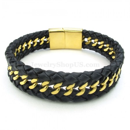Gold Chains Titanium Black Leather Bracelets Sales Online