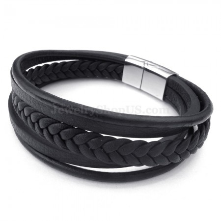 Cheap Hand Woven Black Color Titanium Buckle Leather Bracelets