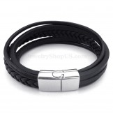Cheap Hand Woven Black Color Titanium Buckle Leather Bracelets