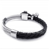 Men's Clover Black Leather Titanium Bracelet
