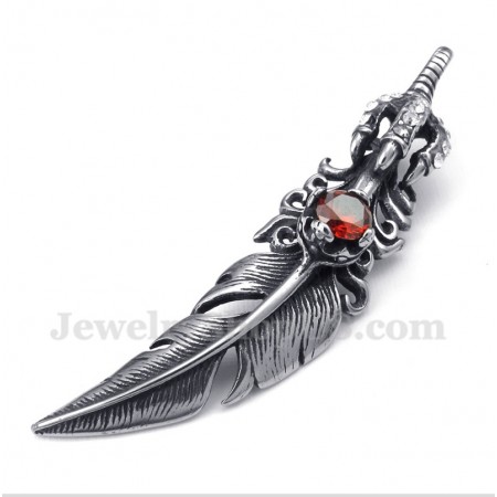 Men's Titanium Red Crystal Feather Pendant with Free Chain