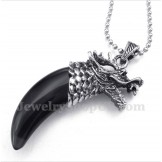 Men's Titanium Black Onyx Wolf Head Horns Pendant with Free Chain