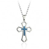 Pretty Mens Hollow Blue Titanium Cross Pendant - Free Chain