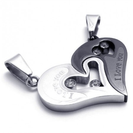 Sweetheart and Black Titanium Lovers Pendants with Diamonds - Free Chains