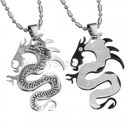 Titanium Silver and Black Dragon Lovers Pendants with Free Chains C399