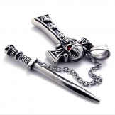 Skull With Red Diamond Dagger Titanium Cross Pendant 20542