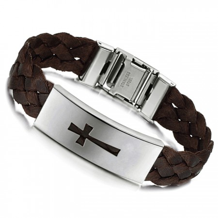 Stable Quality Male Cross Titanium Leather Bangle 