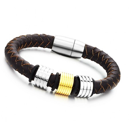 Easy to Use Male Brown Titanium Leather Bangle 