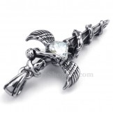 White Zircon Sword Wings Titanium Cross Pendant Necklace (Free Chain)