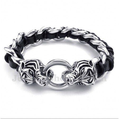 Men's Titanium Tiger Head Leather Bracelet