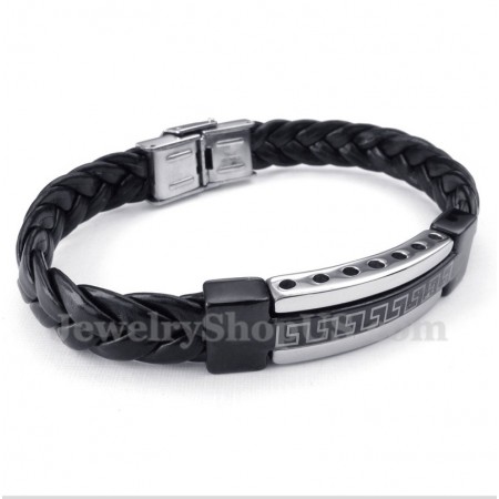 Men's Titanium Greek Meander Pattern Leather Bracelet